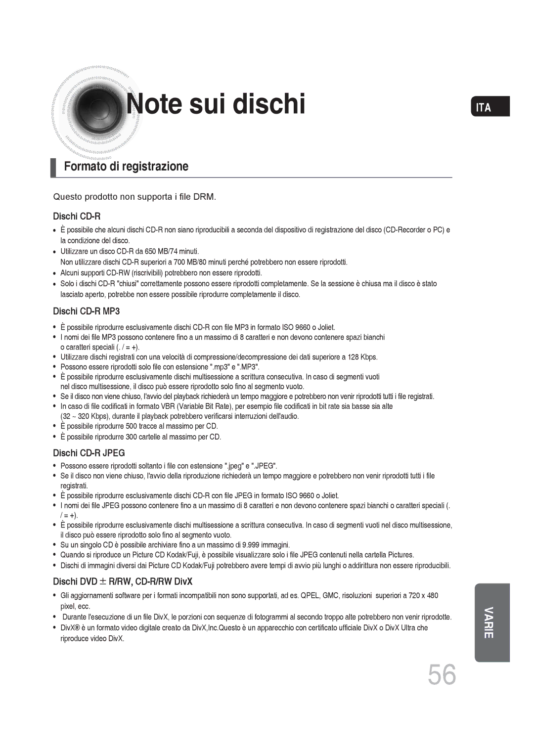 Samsung MM-DG25R/XET manual Formato di registrazione, Dischi CD-R 