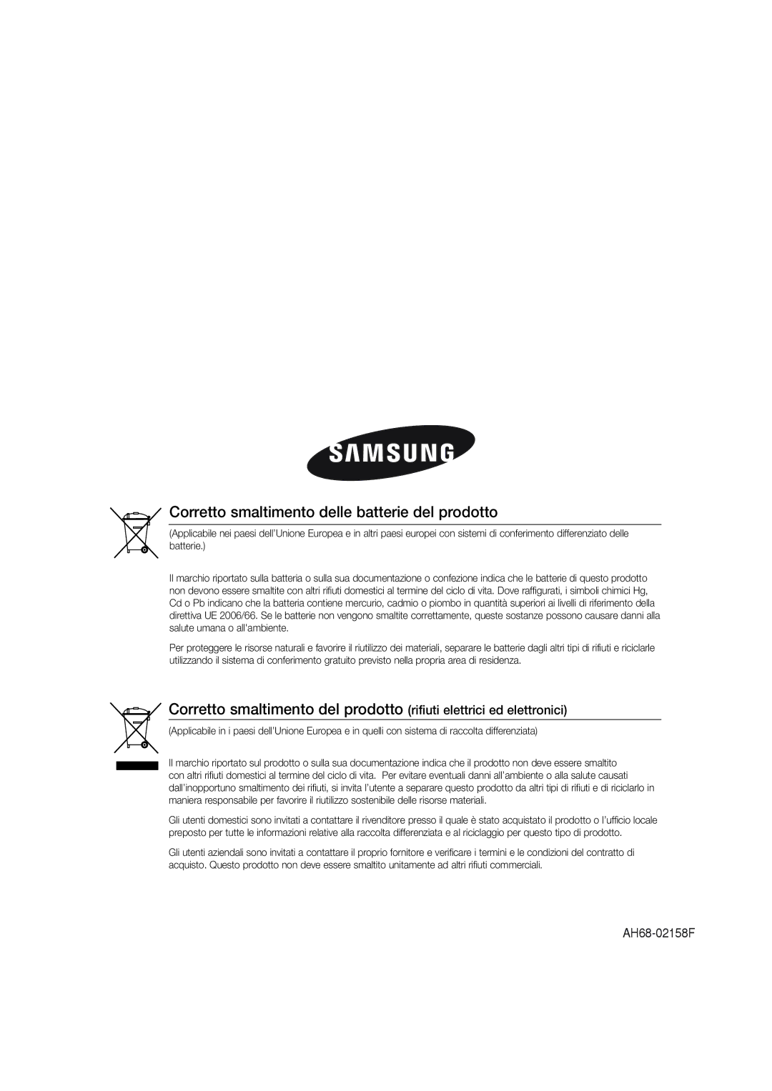 Samsung MM-DG25R/XET manual Corretto smaltimento delle batterie del prodotto 