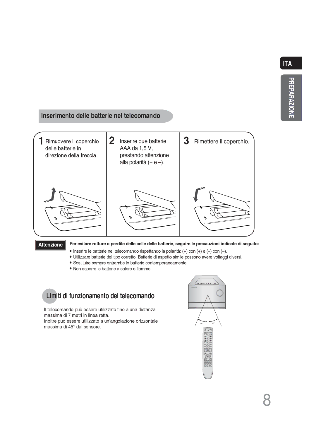 Samsung MM-DG25R/XET manual Limiti di funzionamento del telecomando, Inserimento delle batterie nel telecomando 