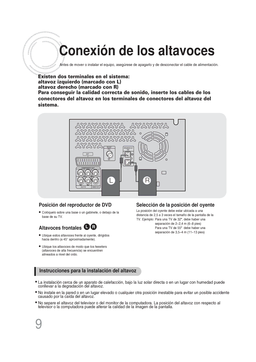 Samsung MM-DG25R/XET manual Conexión de los altavoces, Altavoces frontales L R 