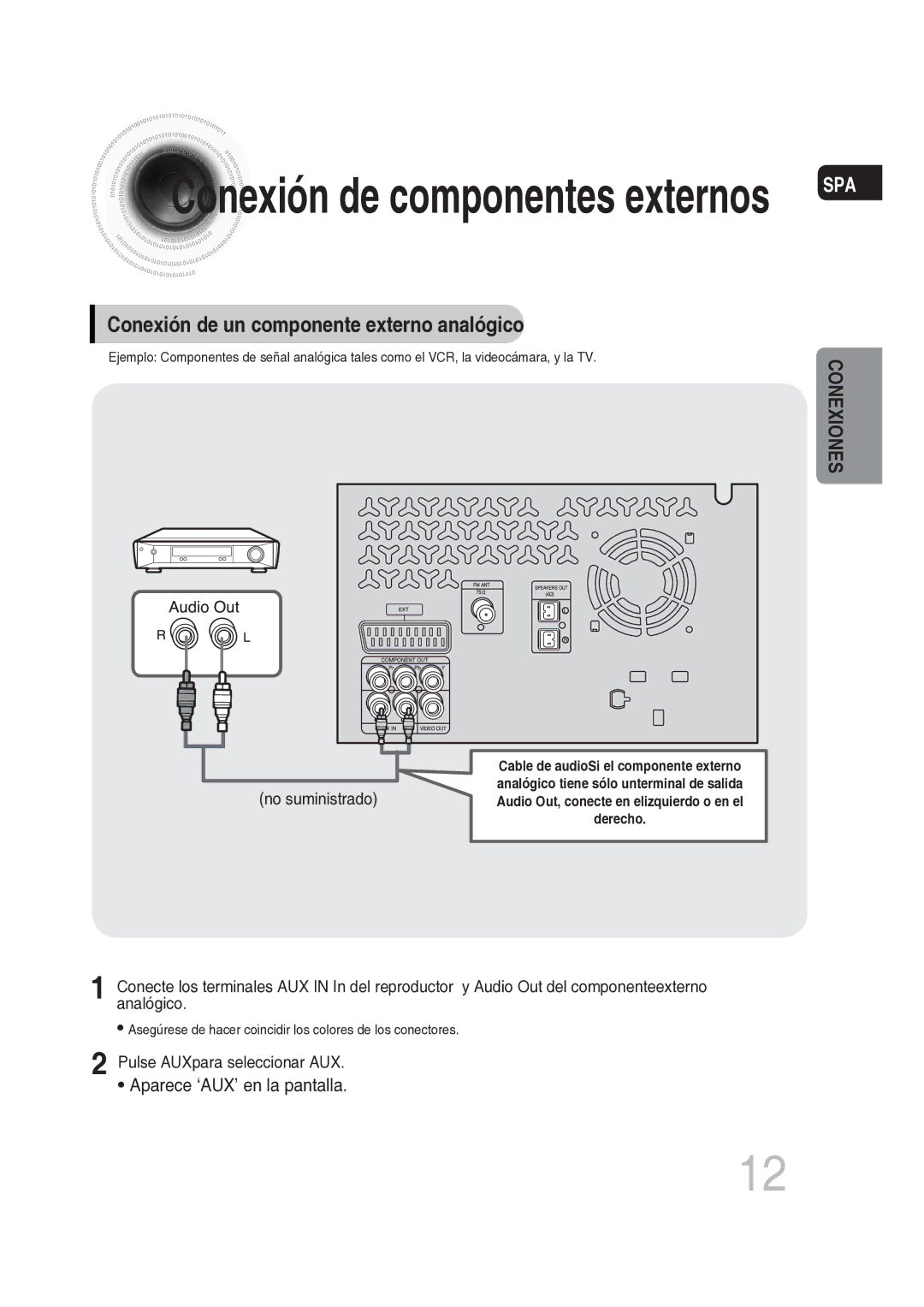 Samsung MM-DG25R/XET manual Conexión de componentes externos, Conexión de un componente externo analógico 