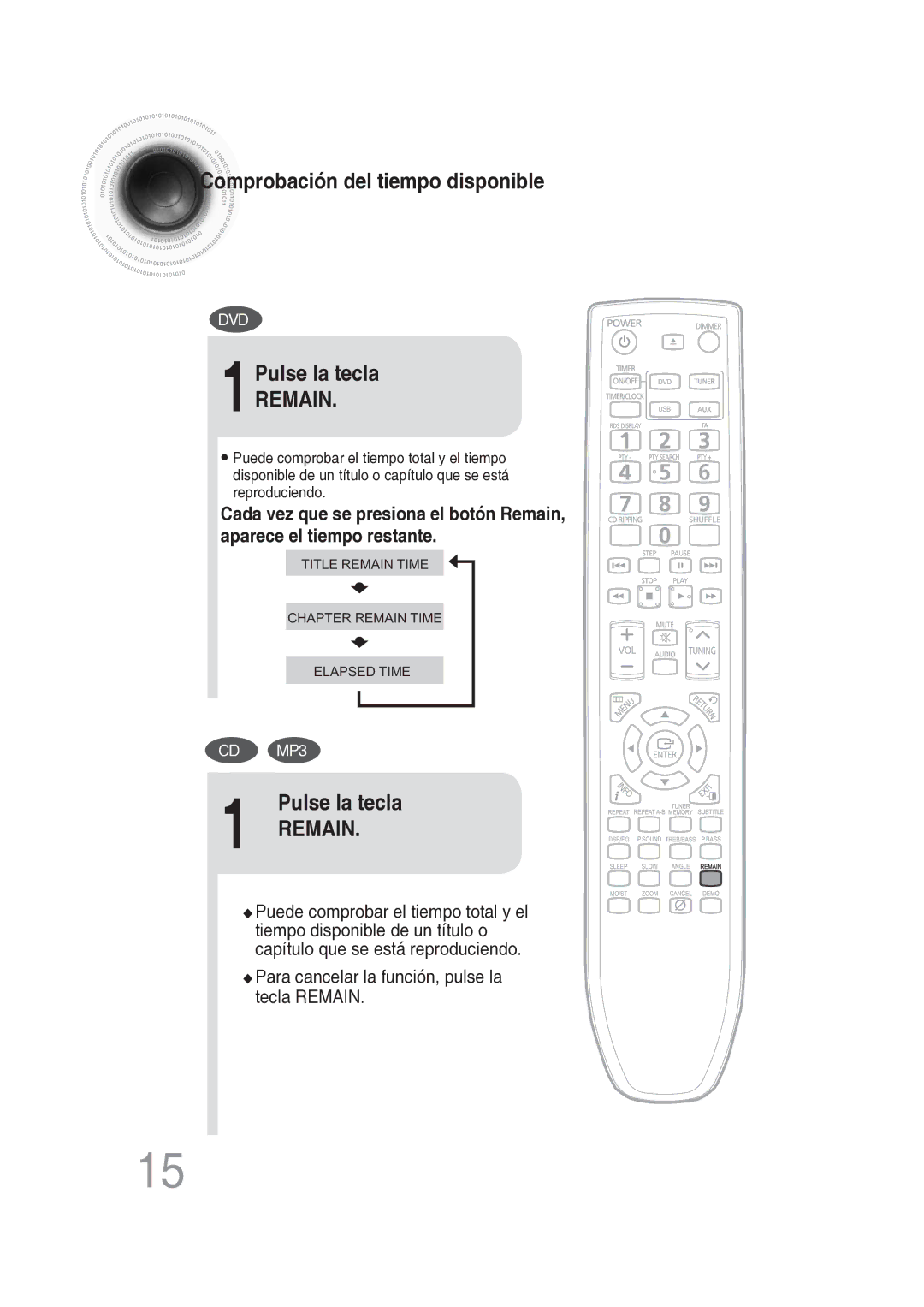 Samsung MM-DG25R/XET manual Comprobación del tiempo disponible, 1Pulse la tecla, Remain 