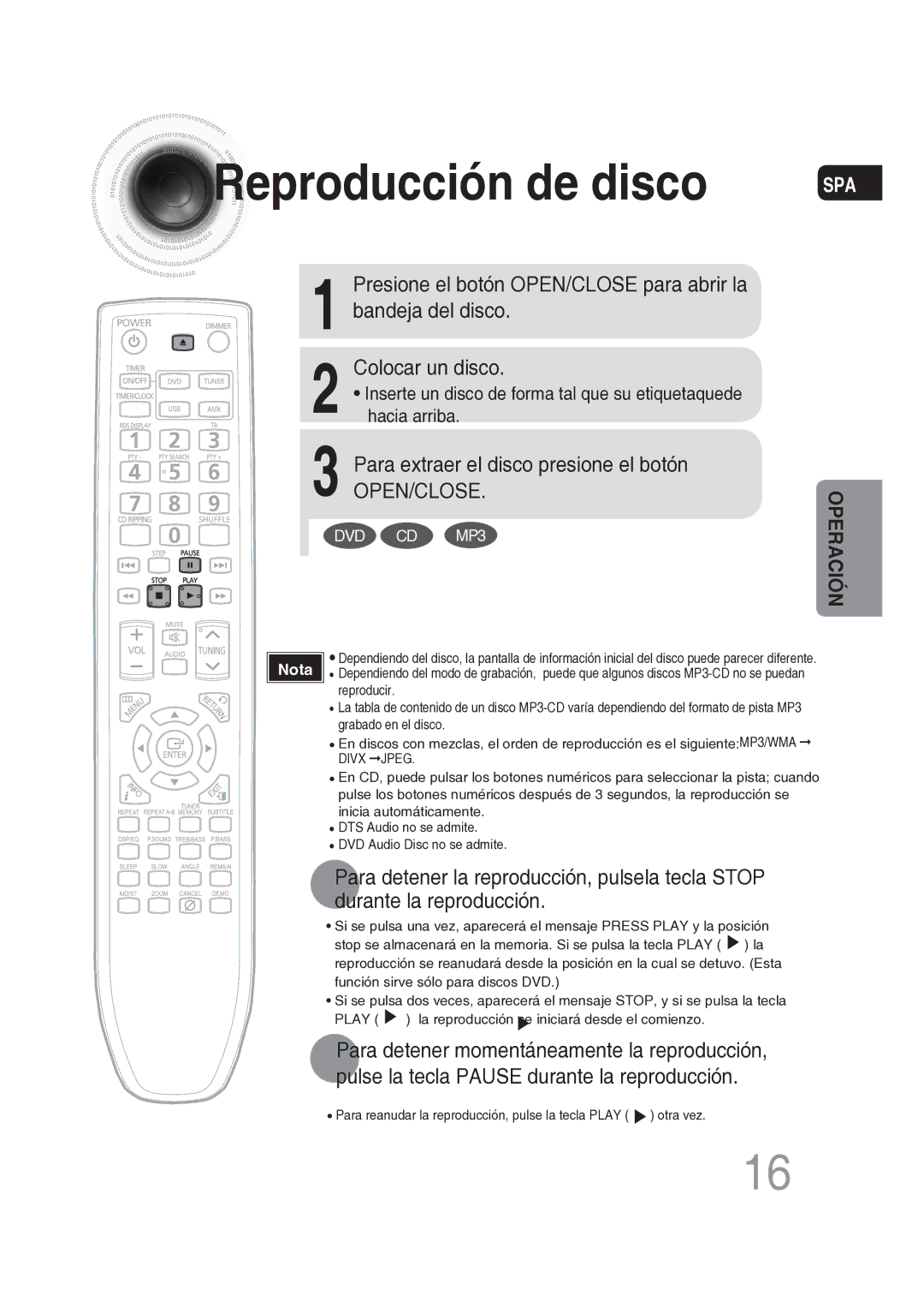 Samsung MM-DG25R/XET manual Reproducción de disco, Para extraer el disco presione el botón 