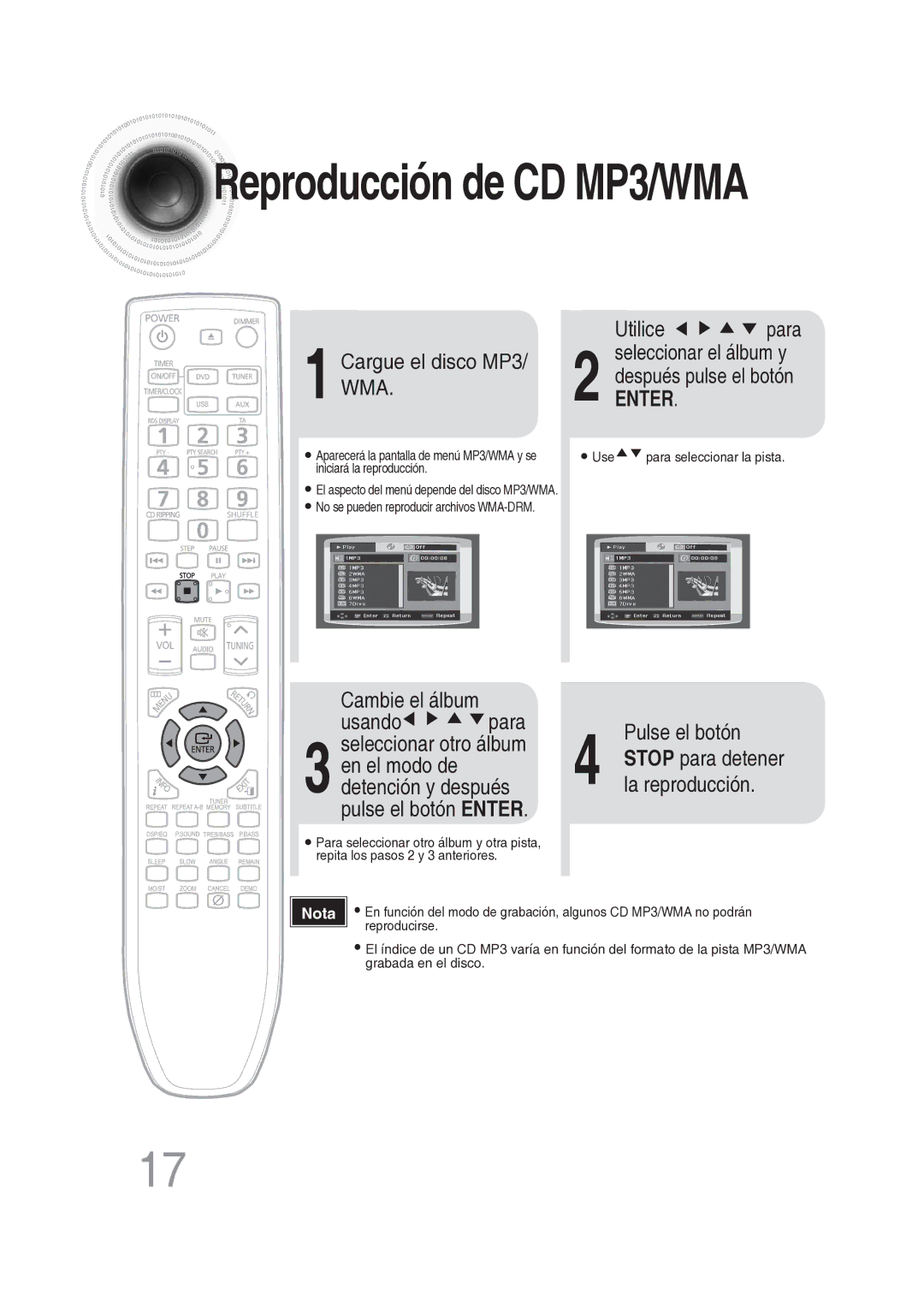 Samsung MM-DG25R/XET manual Utilice, Cargue el disco MP3, Cambie el álbum Usando para, Pulse el botón 