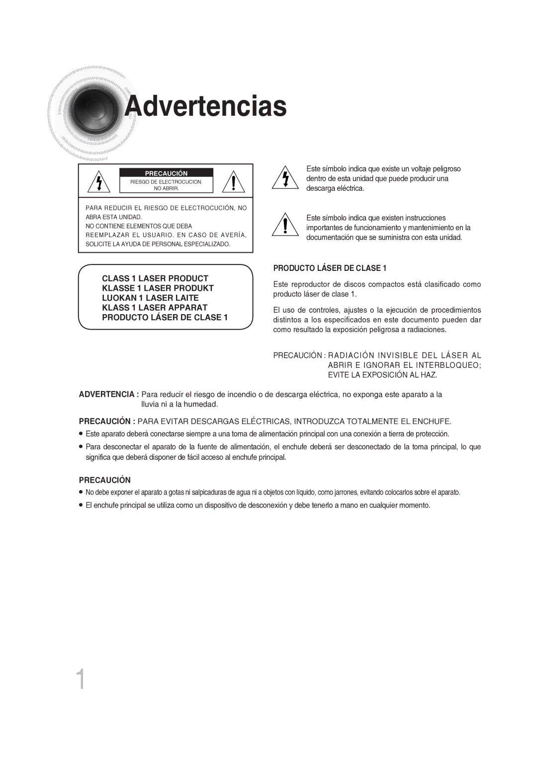 Samsung MM-DG25R/XET manual Advertencias, Precaución 