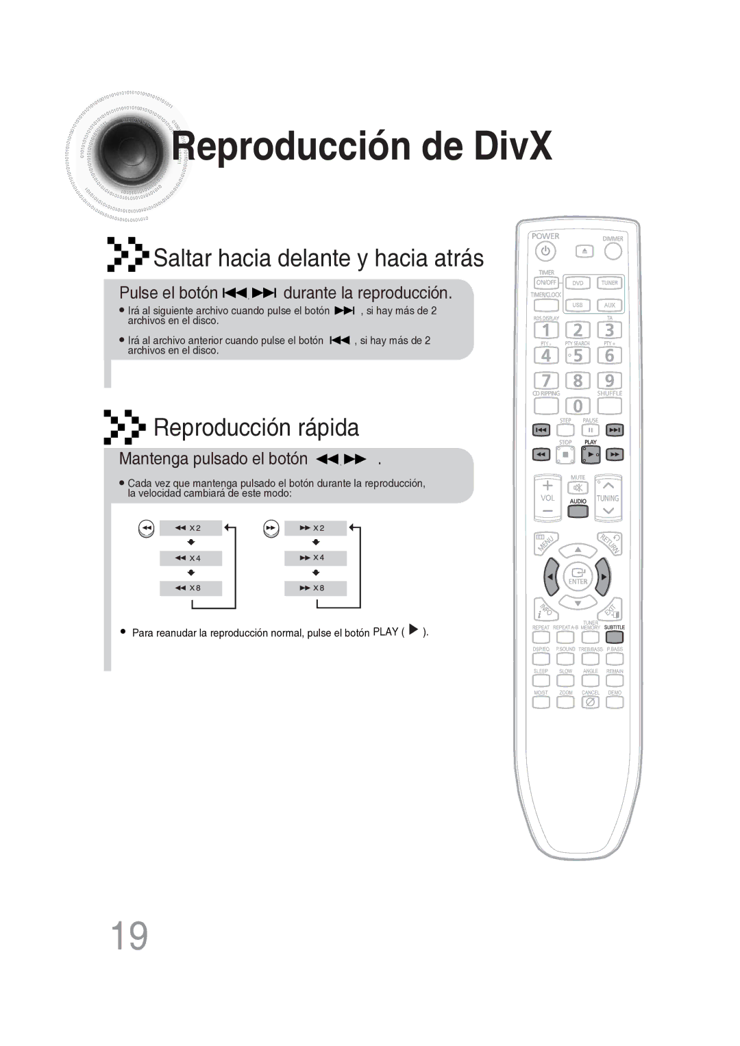 Samsung MM-DG25R/XET manual Reproducción de DivX, Pulse el botón durante la reproducción, Mantenga pulsado el botón 