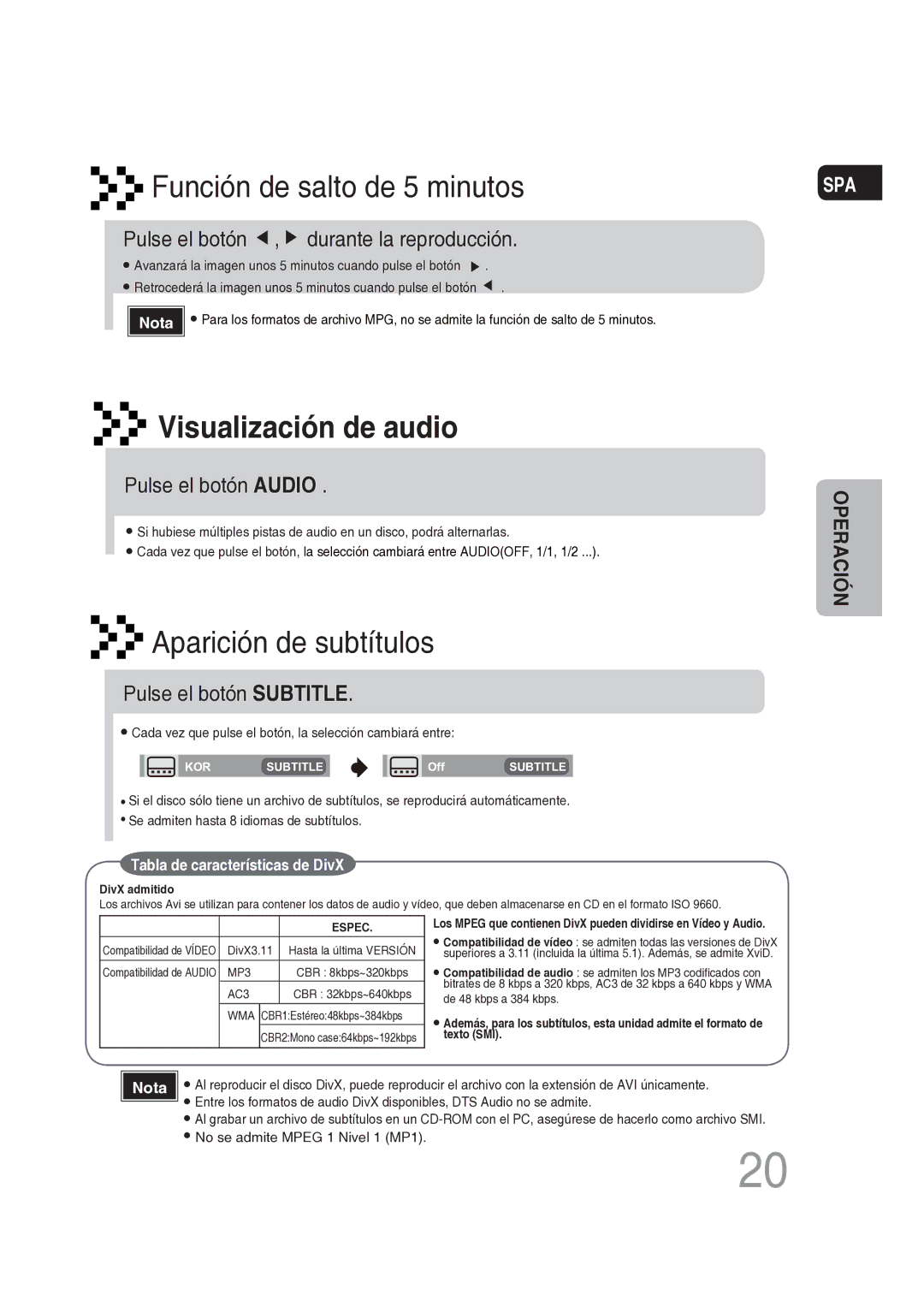 Samsung MM-DG25R/XET manual Pulse el botón , durante la reproducción, Pulse el botón Audio, Pulse el botón Subtitle 