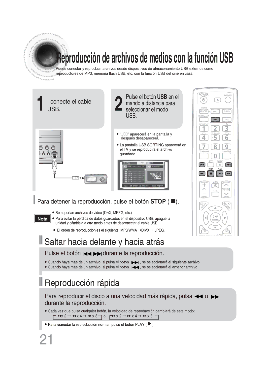 Samsung MM-DG25R/XET manual Conecte el cable USB, Para detener la reproducción, pulse el botón Stop 