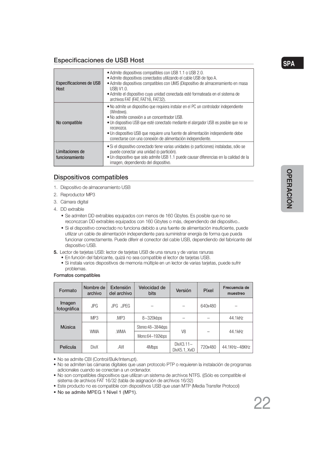 Samsung MM-DG25R/XET manual Especiﬁcaciones de USB Host 