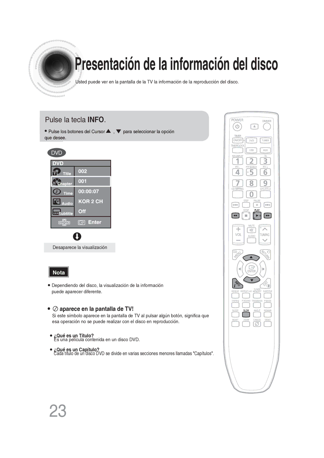 Samsung MM-DG25R/XET manual Presentación de la información del disco, Pulse la tecla Info 