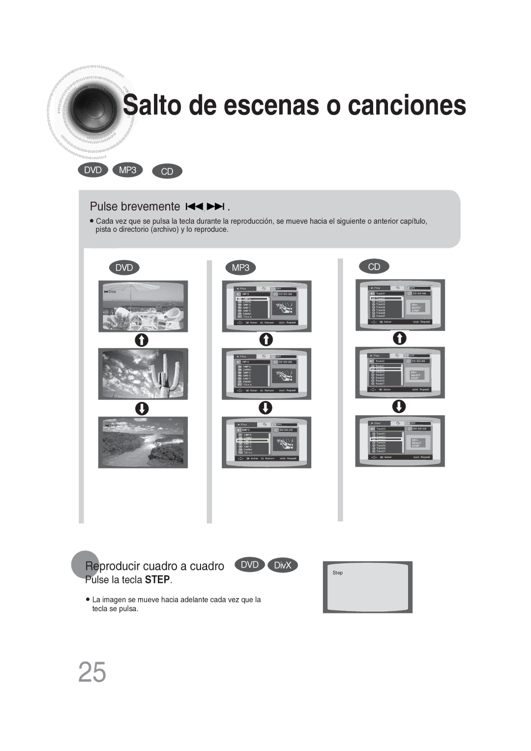 Samsung MM-DG25R/XET manual Pulse brevemente, Reproducir cuadro a cuadro DVD DivX 