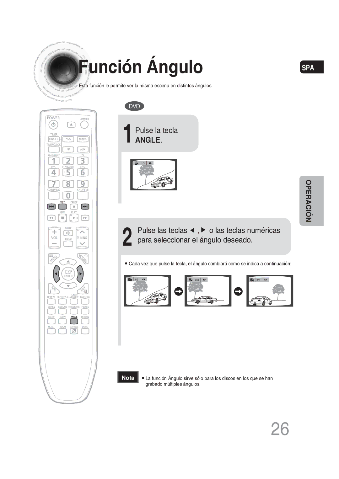 Samsung MM-DG25R/XET manual Función Ángulo, 1Pulse la tecla, Angle 