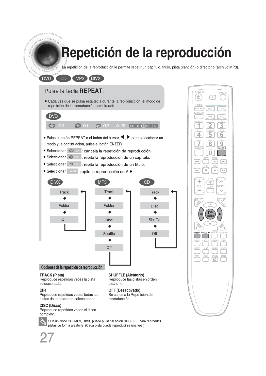 Samsung MM-DG25R/XET manual Repetición de la reproducción, Pulse la tecla Repeat 