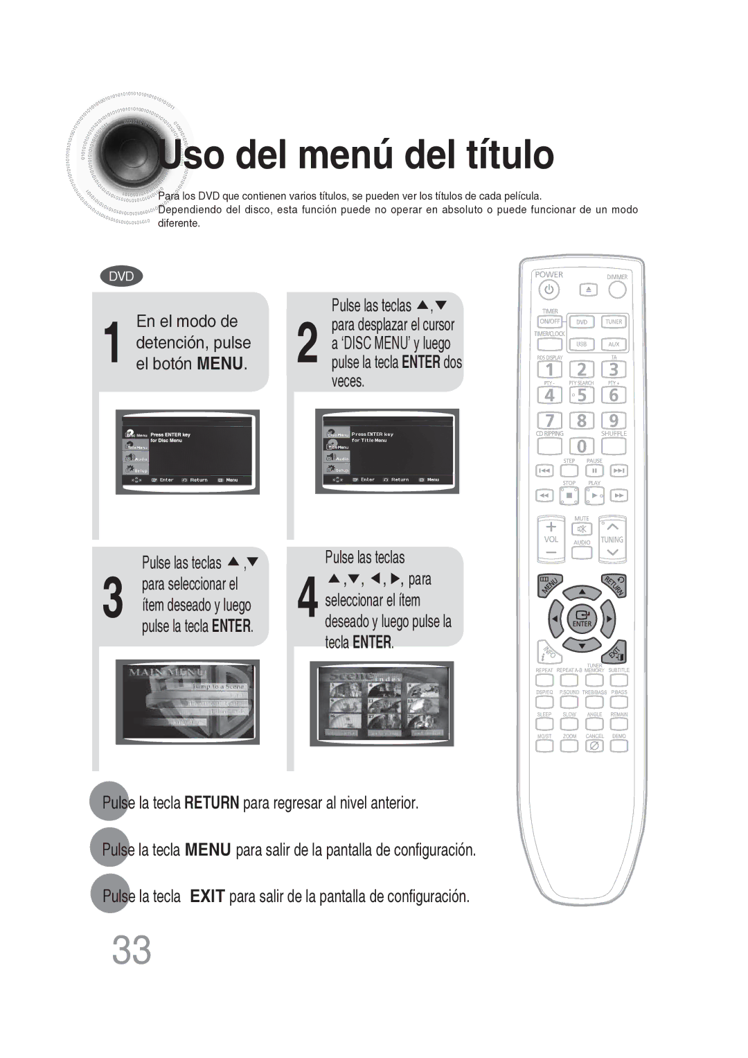 Samsung MM-DG25R/XET manual Uso del menú del título, Veces Pulse las teclas 