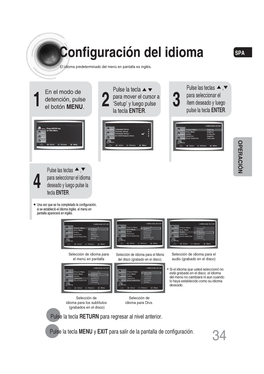 Samsung MM-DG25R/XET manual La tecla Enter, Pulse la tecla Return para regresar al nivel anterior 