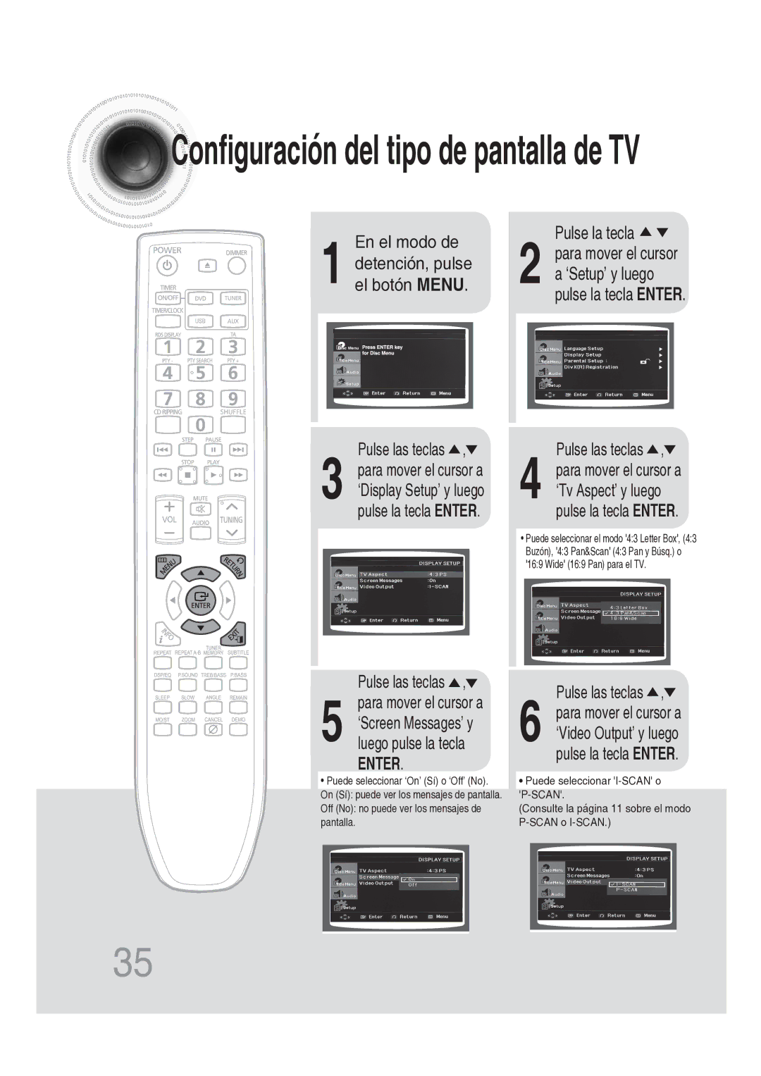 Samsung MM-DG25R/XET manual Configuración del tipo de pantalla de TV 