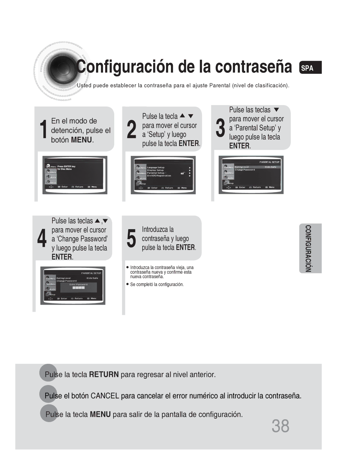 Samsung MM-DG25R/XET manual Configuración de la contraseña SPA 