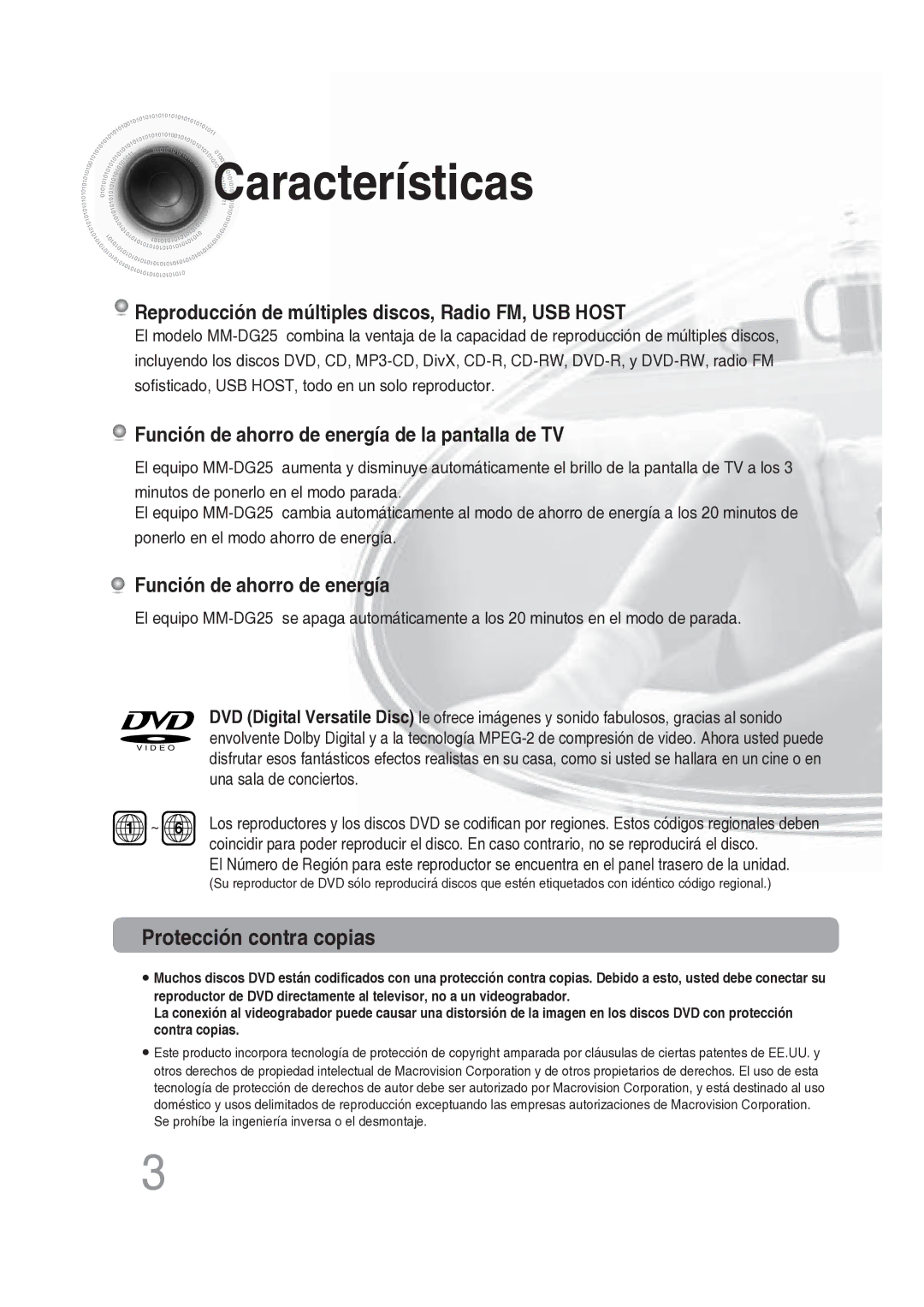 Samsung MM-DG25R/XET manual Características, Protección contra copias 