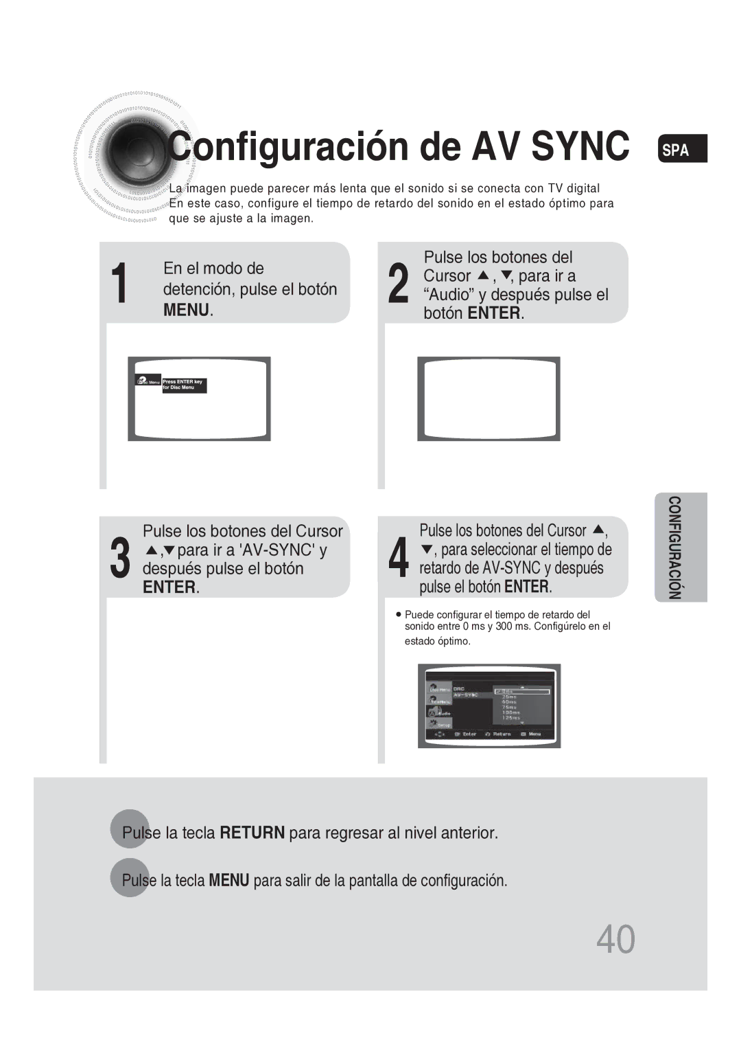 Samsung MM-DG25R/XET manual Configuración de AV Sync SPA, En el modo de, Menu 