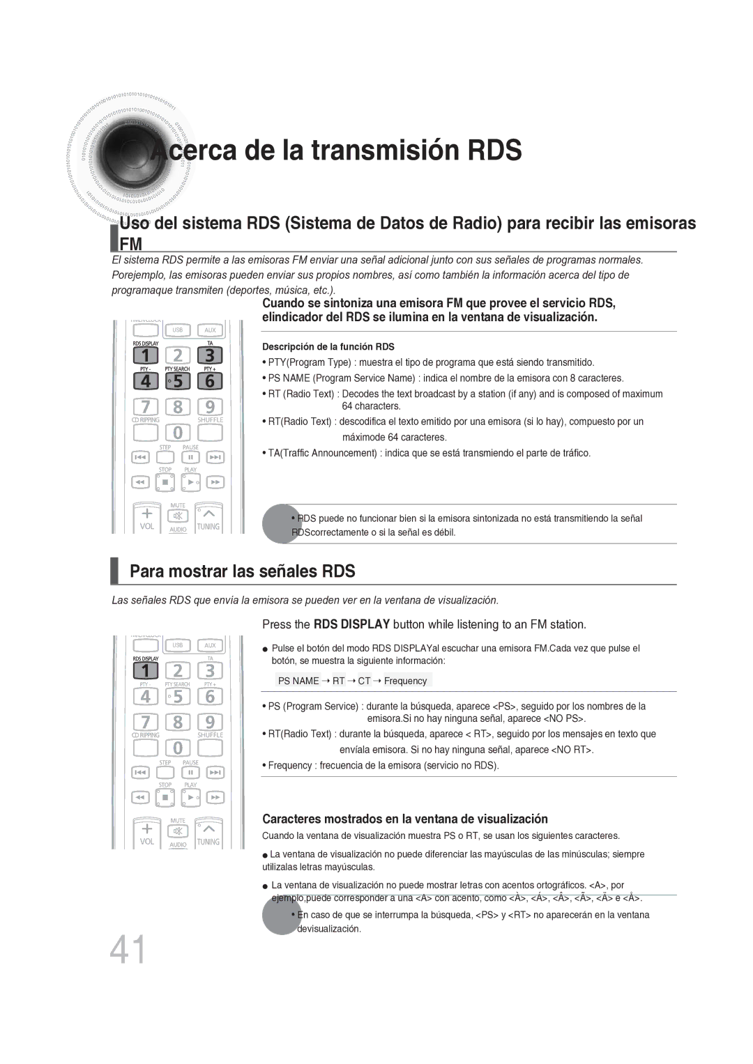 Samsung MM-DG25R/XET manual Acerca de la transmisión RDS, Para mostrar las señales RDS 