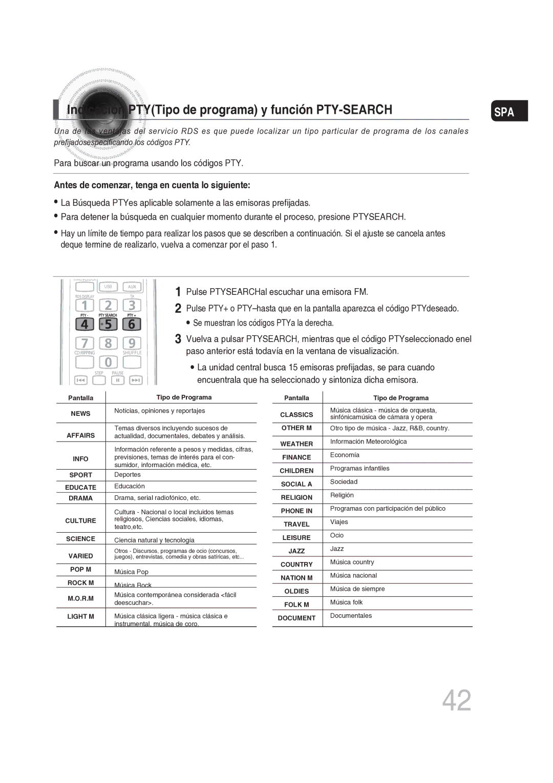 Samsung MM-DG25R/XET manual Indicación PTYTipo de programa y función PTY-SEARCH, Spa 