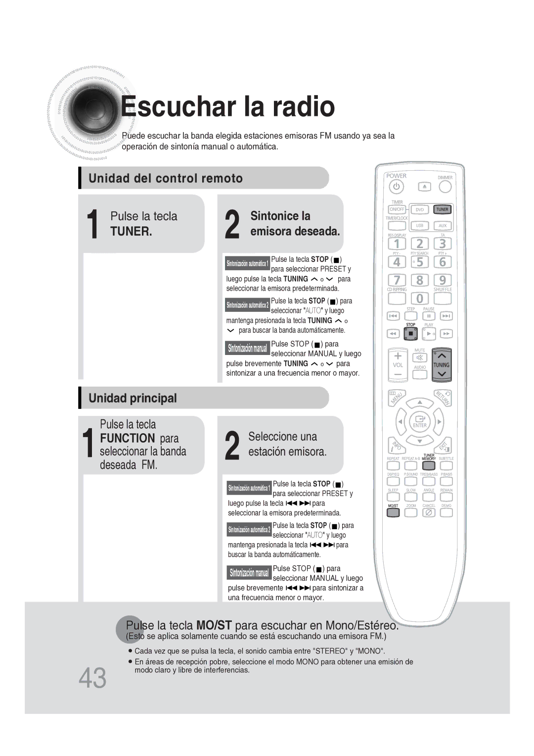 Samsung MM-DG25R/XET manual Escuchar la radio, Unidad del control remoto, Tuner, Unidad principal 