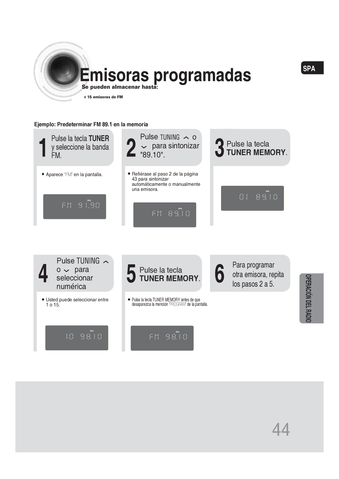 Samsung MM-DG25R/XET manual Emisoras programadas, Pulse Tuning o, 3Pulse la tecla, Tuner Memory, Pulse Tuning 4 o para 