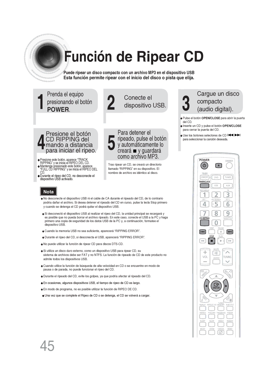 Samsung MM-DG25R/XET manual Función de Ripear CD, Power, Conecte el, Para detener el, Cargue un disco 