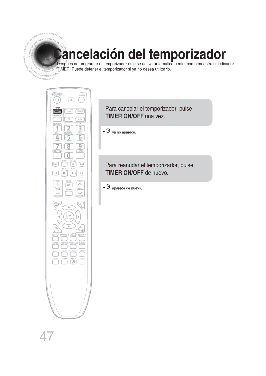 Samsung MM-DG25R/XET manual Cancelación del temporizador, Para cancelar el temporizador, pulse, Timer ON/OFF una vez 