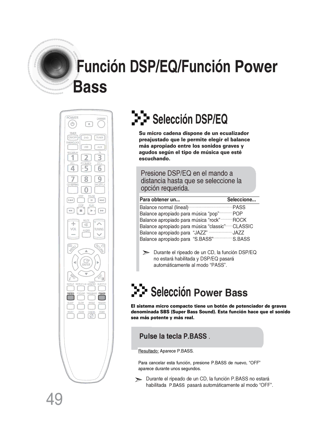 Samsung MM-DG25R/XET manual Función DSP/EQ/Función Power Bass, Pulse la tecla P.BASS 