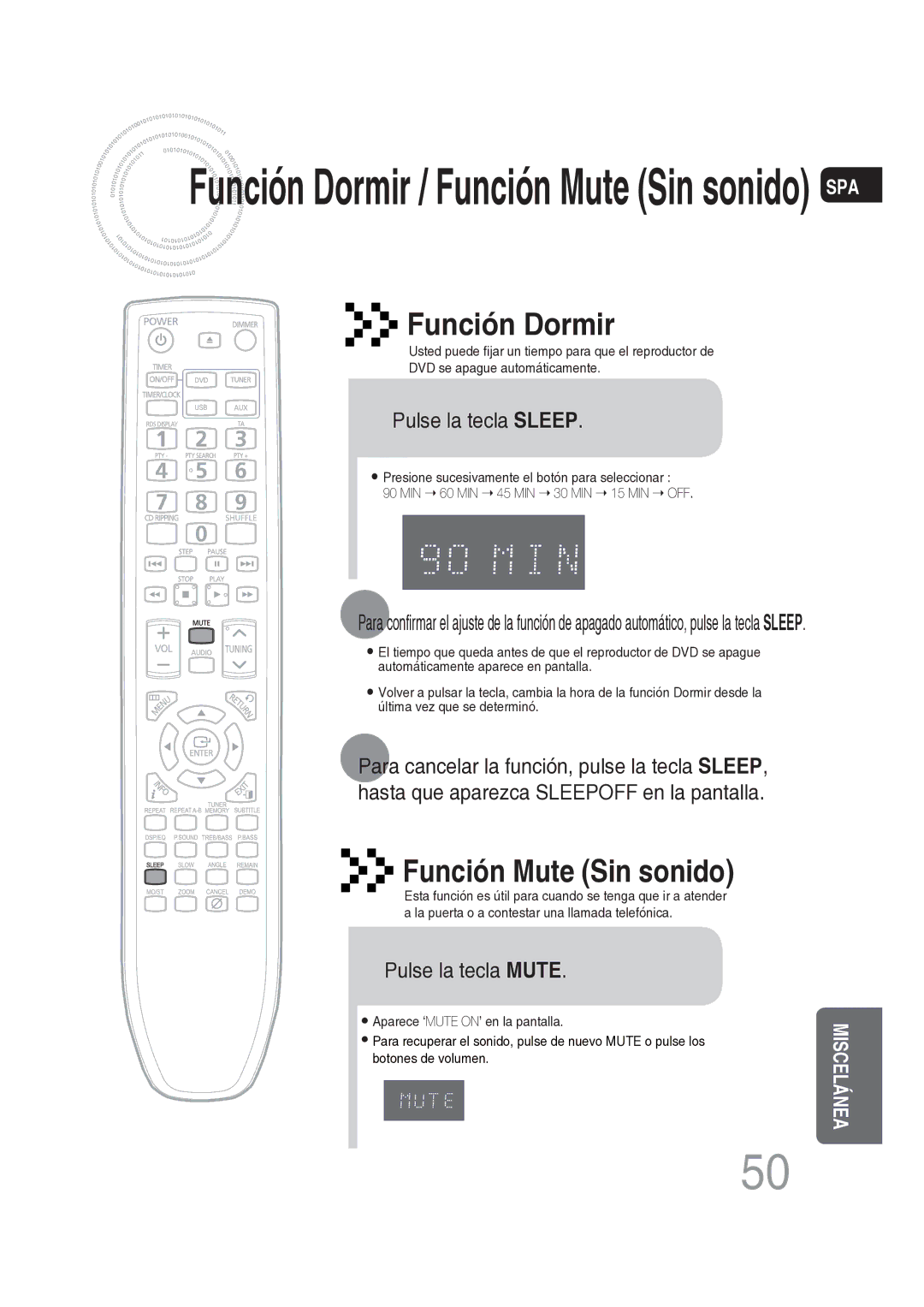 Samsung MM-DG25R/XET manual Pulse la tecla Sleep, Pulse la tecla Mute 