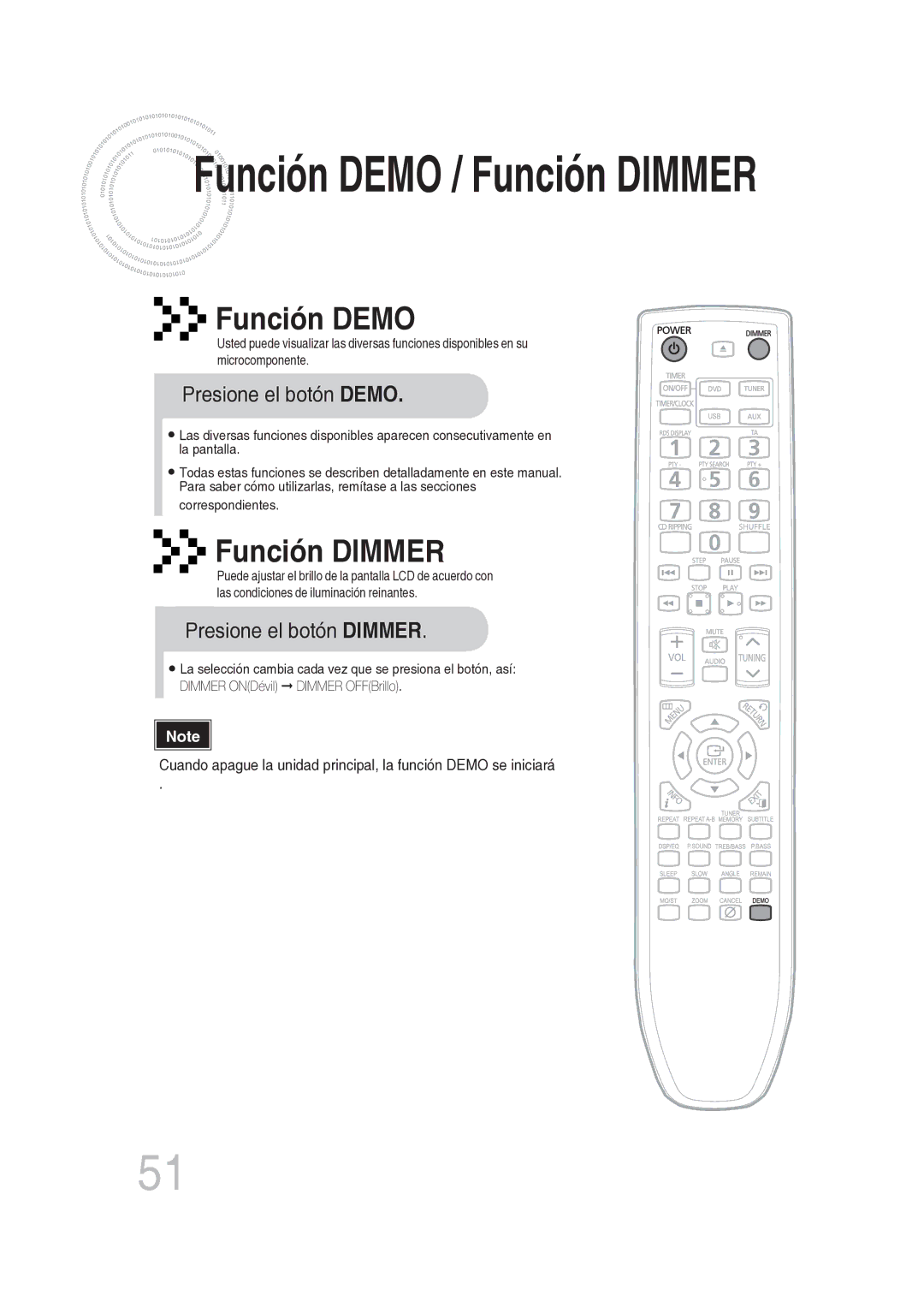 Samsung MM-DG25R/XET manual Presione el botón Demo, Presione el botón Dimmer 