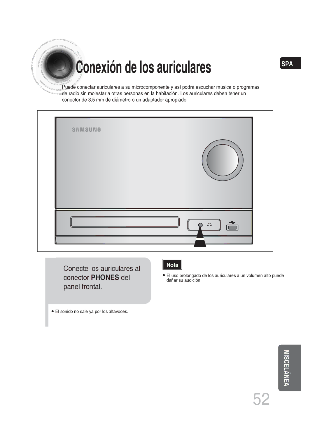 Samsung MM-DG25R/XET manual Conexión de los auriculares 