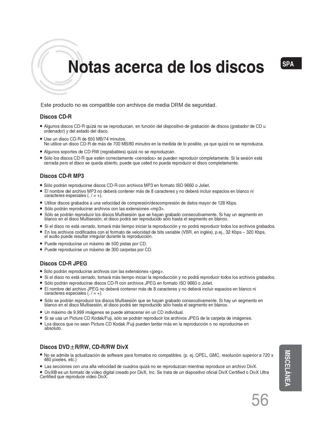 Samsung MM-DG25R/XET manual Notas acerca de los discos SPA, Discos CD-R 