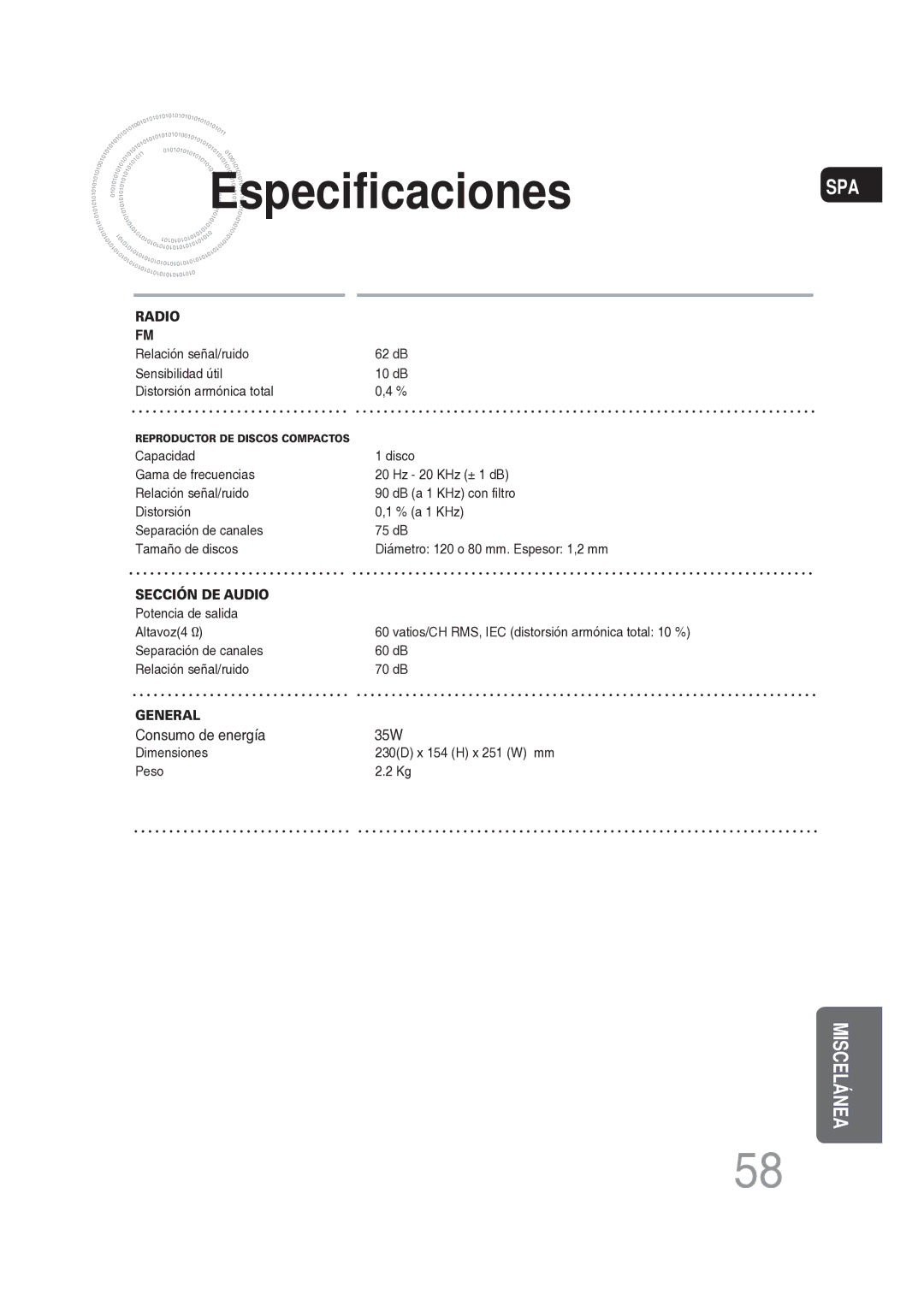 Samsung MM-DG25R/XET manual Especificaciones, Radio 