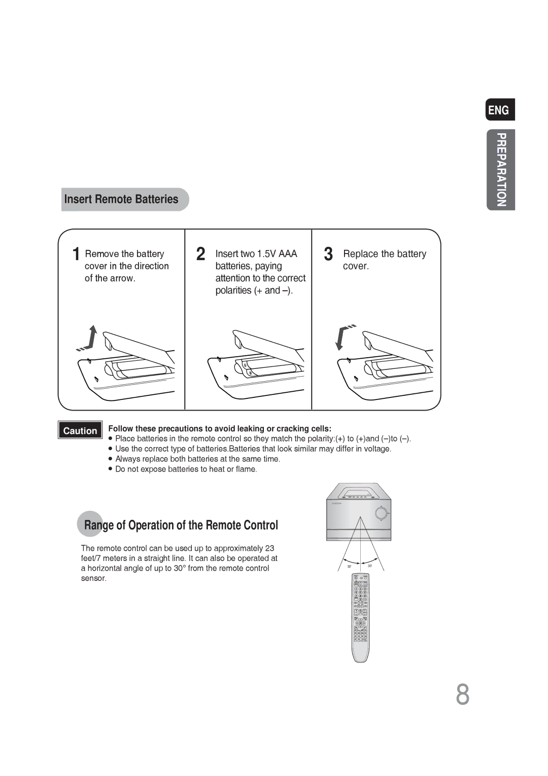 Samsung MM-DG25T/UMG manual Insert Remote Batteries, Follow these precautions to avoid leaking or cracking cells 