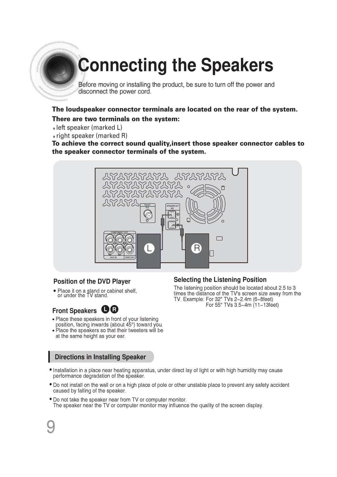 Samsung MM-DG25T/UMG manual Connecting the Speakers, Front Speakers L R 