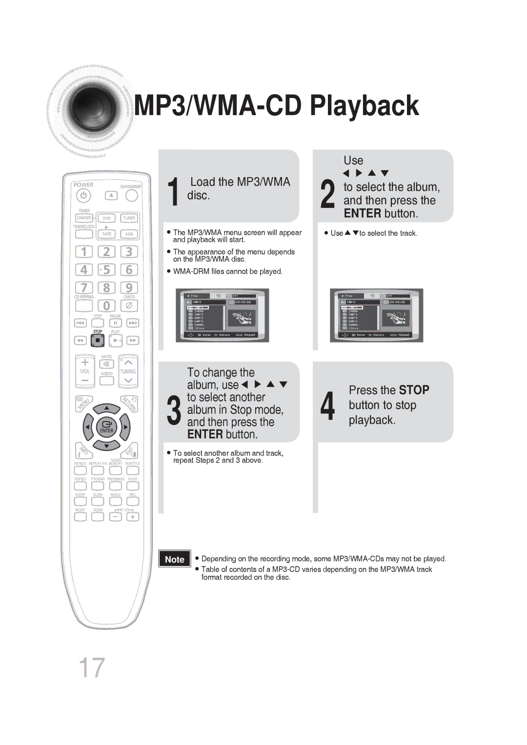 Samsung MM-DG25T/UMG manual MP3/WMA-CD Playback, Load the MP3/WMA disc Use, To change the album, use, Press the Stop 