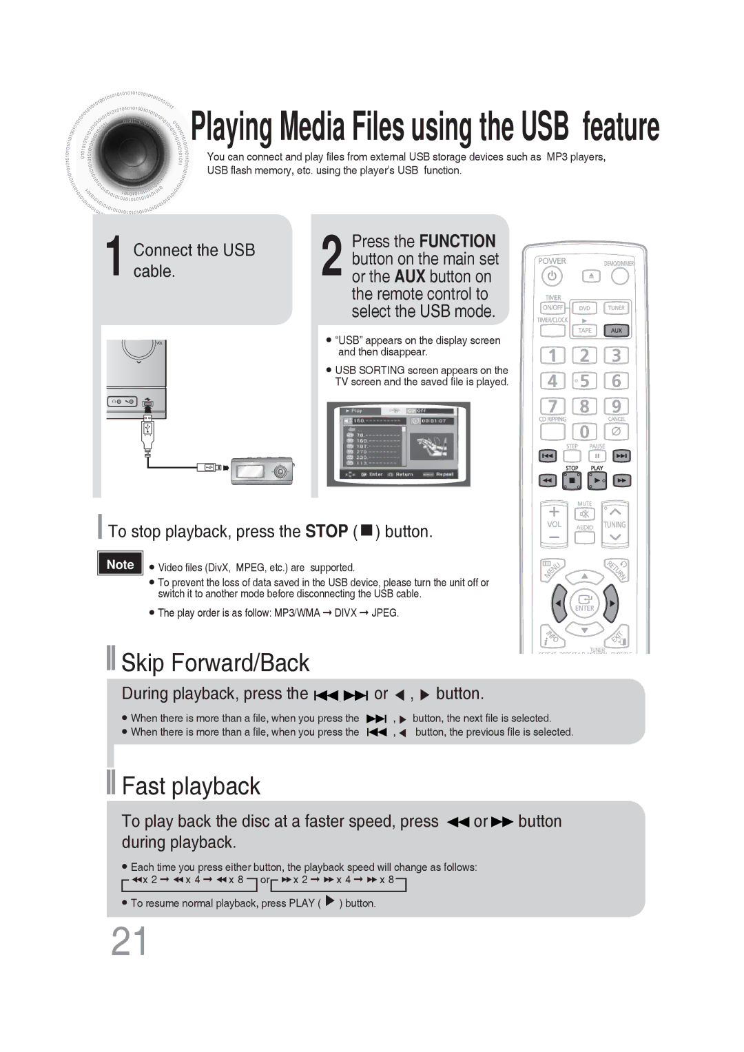 Samsung MM-DG25T/UMG Playing Media Files using the USB feature, Connect the USB cable, Or , button, During playback, press 