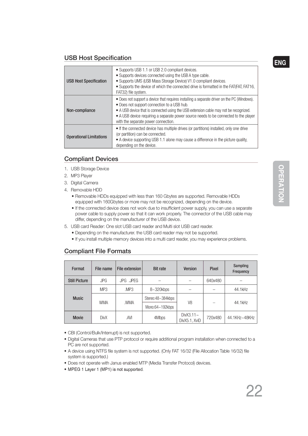 Samsung MM-DG25T/UMG manual USB Host Speciﬁcation 