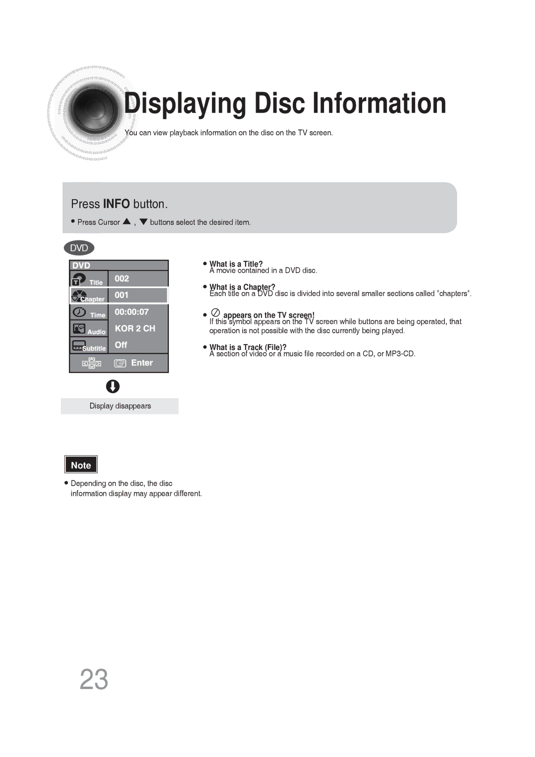 Samsung MM-DG25T/UMG manual Displaying Disc Information, Press Info button 