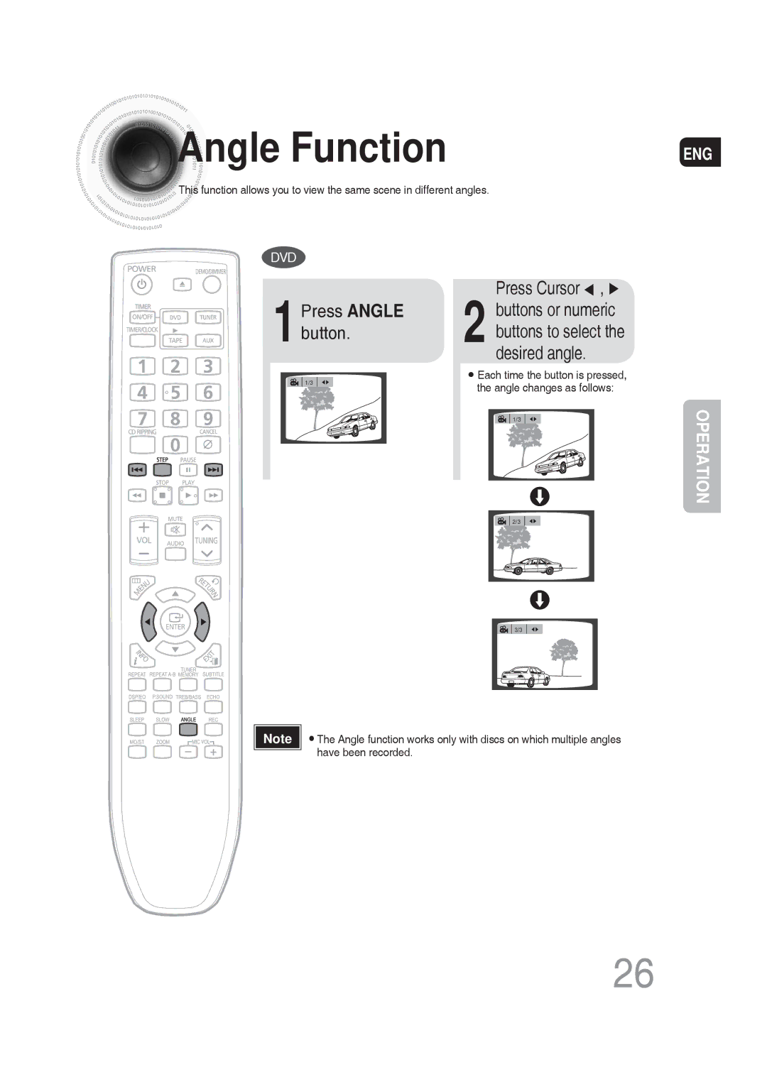 Samsung MM-DG25T/UMG manual Angle Function, Desired angle, 1Press Angle button 