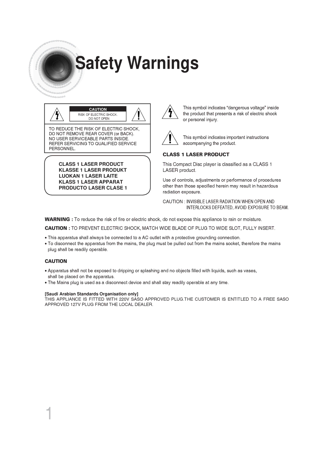 Samsung MM-DG25T/UMG manual Safety Warnings, Producto Laser Clase 