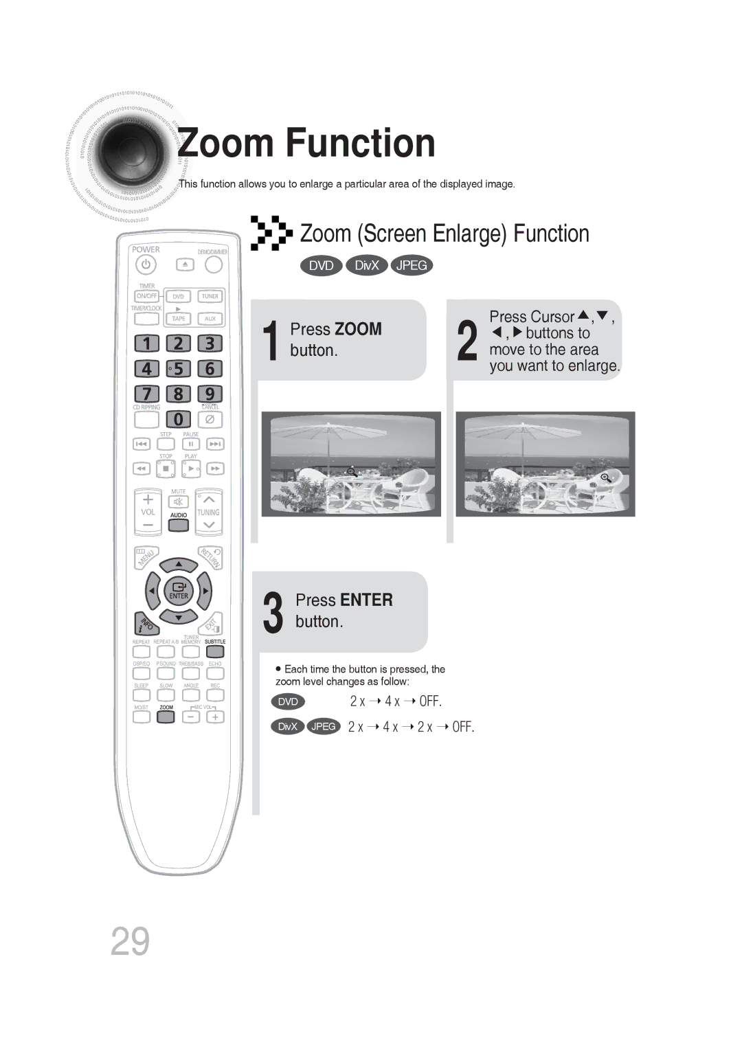 Samsung MM-DG25T/UMG manual Zoom Function, Press Zoom button, Press Enter button 