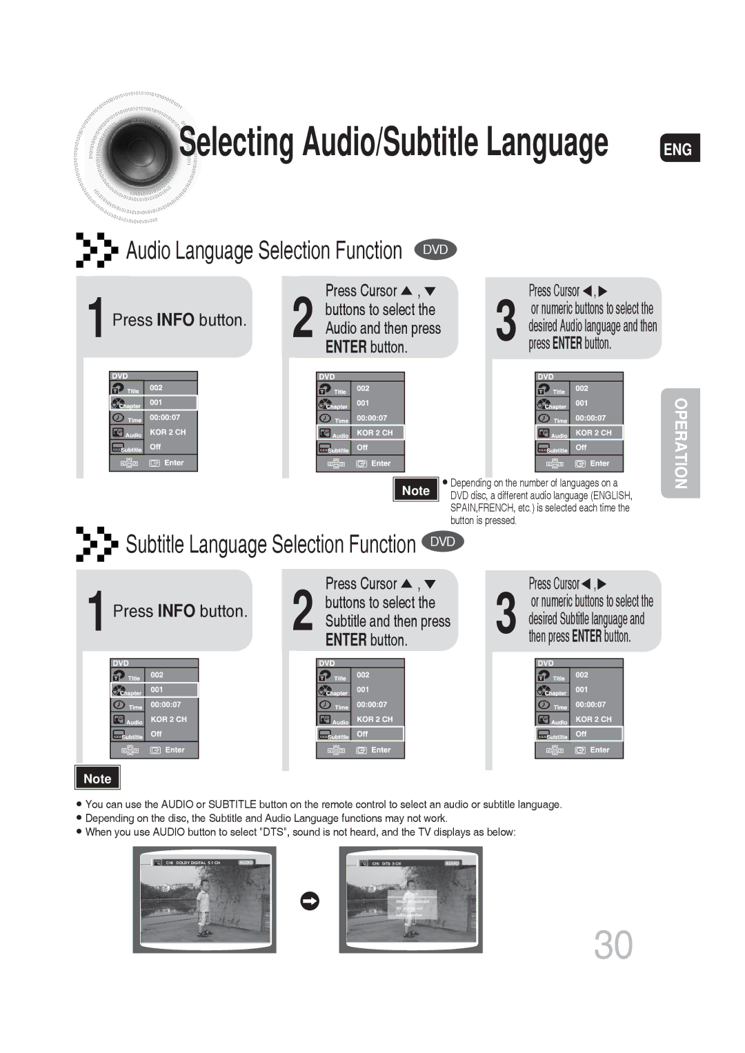 Samsung MM-DG25T/UMG Press Info button Buttons to select, Audio and then press, Press Cursor, Subtitle and then press 