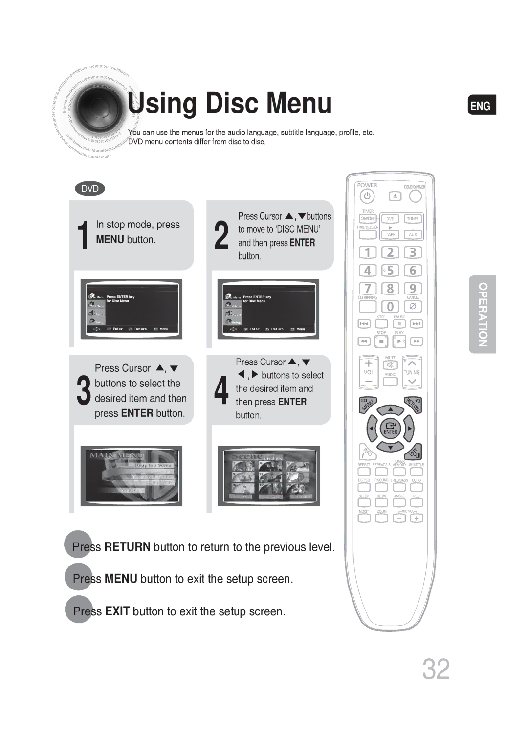 Samsung MM-DG25T/UMG manual Using Disc Menu 