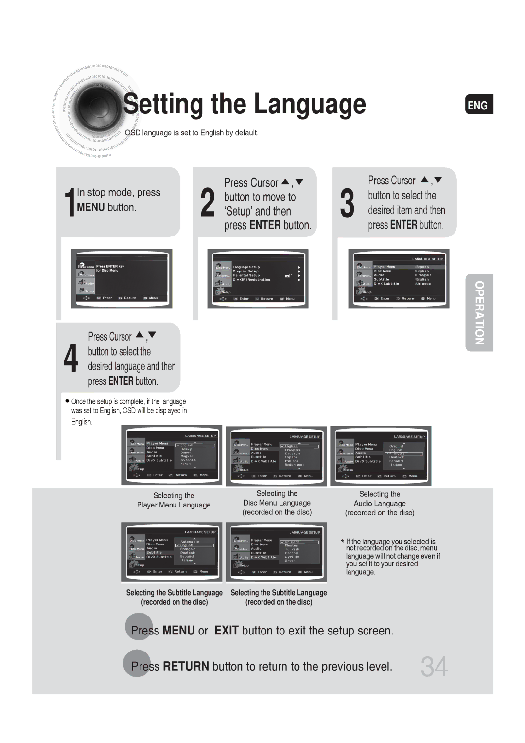 Samsung MM-DG25T/UMG manual Setting the Language, Press Cursor, Button to move to, ‘Setup’ and then 