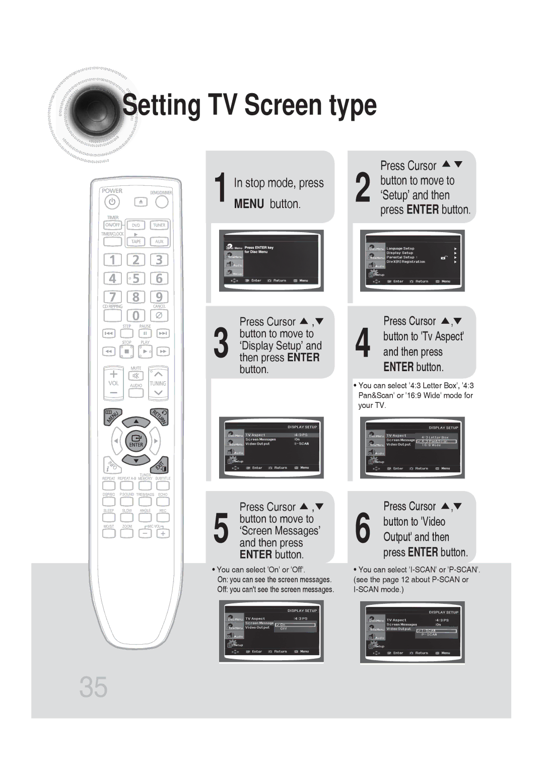 Samsung MM-DG25T/UMG manual Setting TV Screen type, Stop mode, press, Menu button 