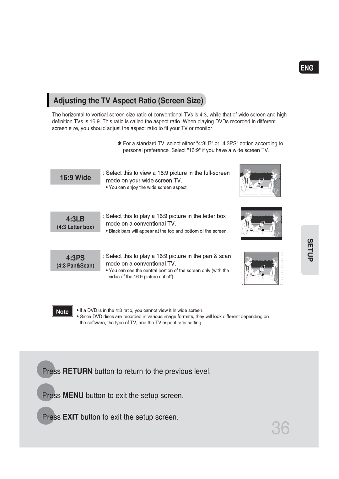 Samsung MM-DG25T/UMG manual Adjusting the TV Aspect Ratio Screen Size, Wide 43LB, 43PS 