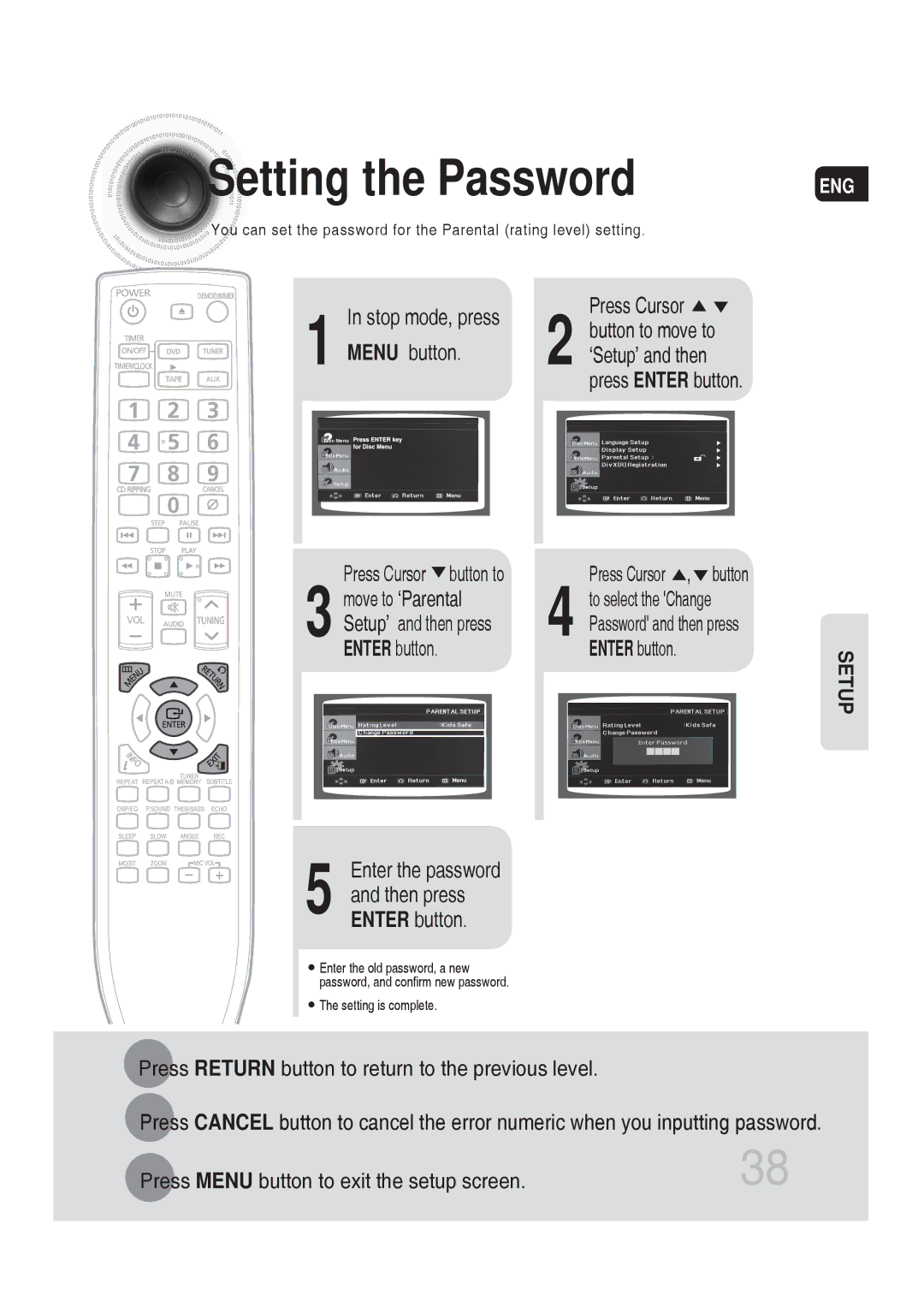 Samsung MM-DG25T/UMG manual Setting the Password, Press Enter button, Move to ‘Parental, Then press 